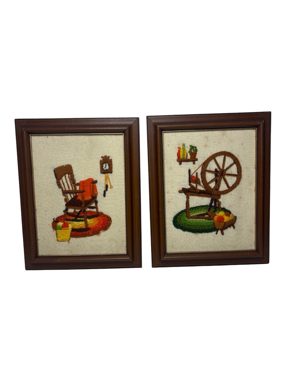 Vintage 70’s Crewel Framed Pair - Rocking Chair & Spinning Wheel